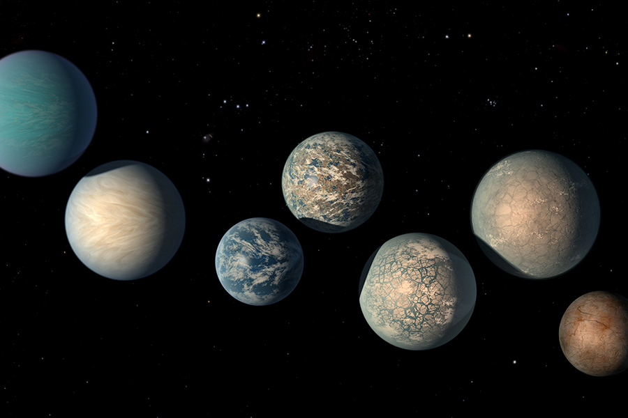 This illustration shows the seven Earth-size planets of TRAPPIST-1, an exoplanet system about 40 light-years away, based on data current as of February 2018. The image shows the planets relative sizes but does not represent their orbits to scale. The art highlights possibilities for how the surfaces of these intriguing worlds might look based on their newly-calculated properties. The seven planets of TRAPPIST-1 are all Earth-sized and terrestrial. TRAPPIST-1 is an ultra-cool dwarf star in the constellation Aquarius, and its planets orbit very close to it.
Image: NASA/JPL-Caltech/R. Hurt, T. Pyle (IPAC)