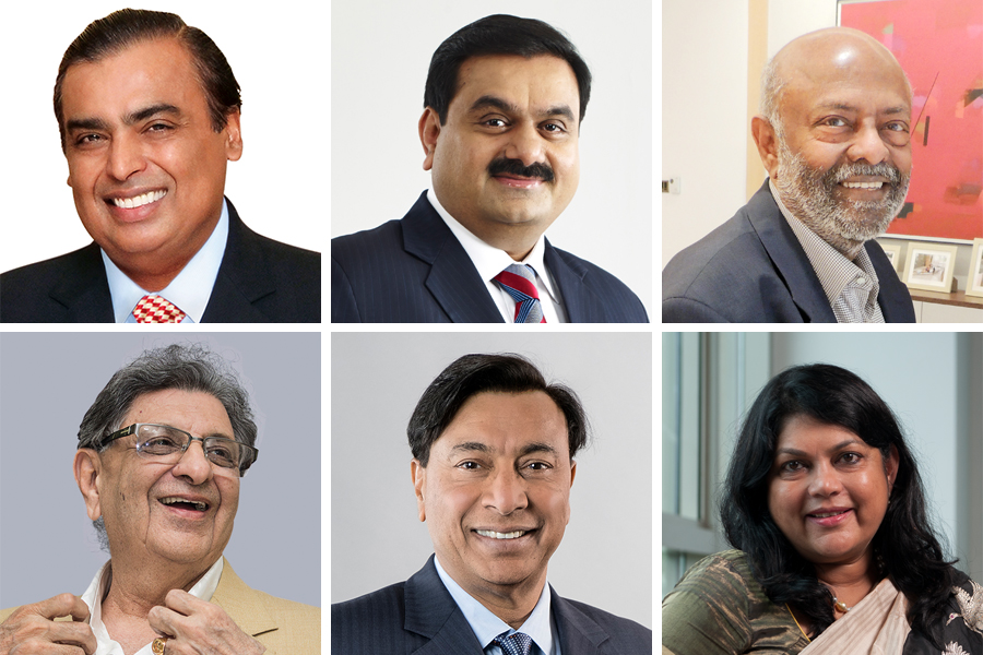 India's top billionaires (clockwise) - Mukesh Ambani, Gautam Adani, Shiv Nadar, Falguni Nayar, Lakshmi Mittal and Cyrus Poonawalla. Nayar(bottom right), is a first-timer and the country's richest self-made woman. 