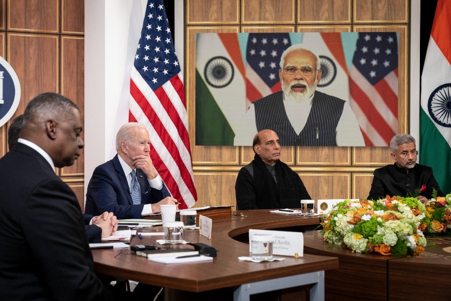 Political leaders including Indian Prime Minister Narendra Modi and US President Joe Biden at a virtual summit to exchange views on Ukraine. (Credit: Drew Angerer / GETTY IMAGES NORTH AMERICA / Getty Images via AFP)