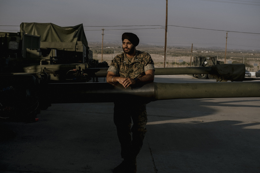 Capt. Sukhbir Singh Toor at Marine Corps Air Ground Combat Center Twentynine Palms in California, Sept. 24, 2021. On April 11, Captain Toor and three other Sikhs sued the Marine Corps in U.S. District Court for the District of Columbia, saying the Corps’ refusal to grant a religious waiver is arbitrary and discriminatory, and violates the constitutional right to free exercise of their religion. (Mark Abramson/The New York Times)