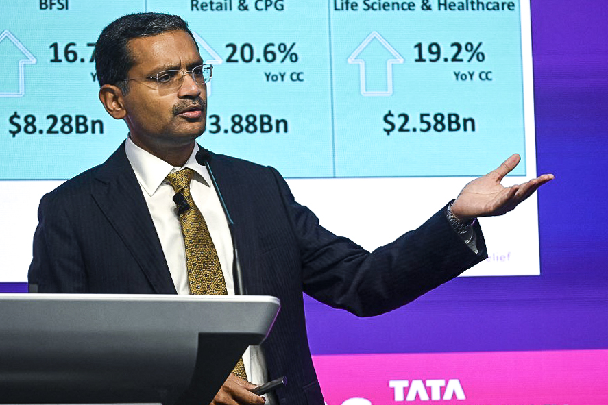  Rajesh Gopinathan, chief executive and managing director of India's largest software exporter Tata Consultancy Services (TCS), speaks during a press conference announcing the Q4 and annual results of the company in Mumbai on April 11, 2022.
Image: Indranil Mukherjee / AFP