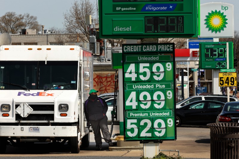 Gasoline prices hover around .00 a gallon for the least expensive grade at several gas stations in the nation's capital on April 11, 2022 in Washington, DC. The high fuel prices are a combination of the lingering effects of the coronavirus pandemic, supply chain breakdowns, high inflation and the ongoing invasion of Ukraine by Russia. (Credit: Chip Somodevilla/Getty Images)