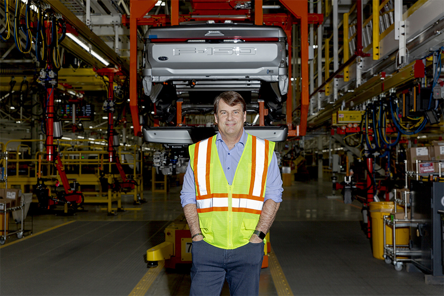 Jim Farley, Ford’s chief executive, at the company’s production plant in Dearborn, Mich., April 4, 2022. Ford is about to introduce an electric F-150 pickup truck that could determine whether the automaker can survive and thrive in an industry dominated by Tesla. (Sylvia Jarrus/The New York Times)