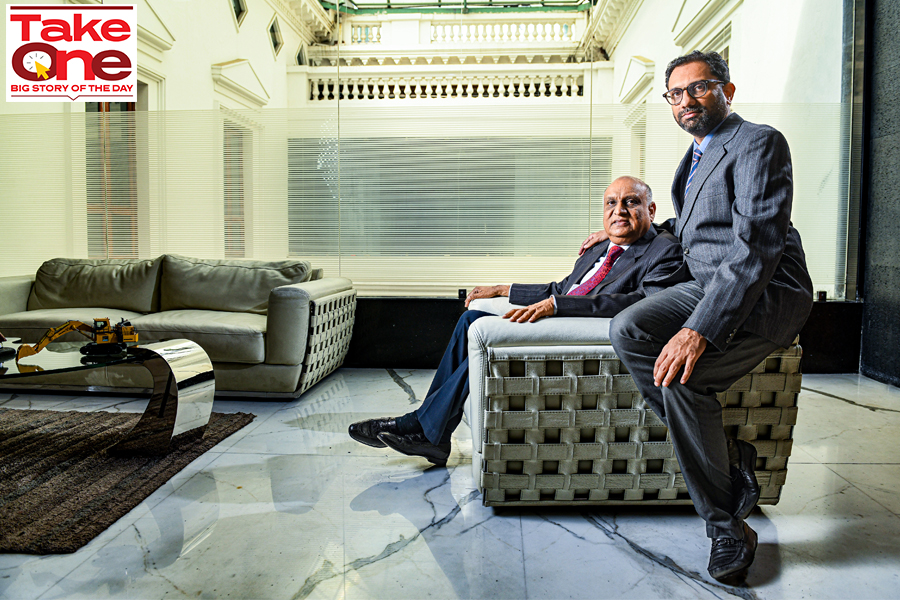 Hari Mohan Bangur, MD, Shree Cement (sitting on sofa), with son Prashant Bangur, Joint MD, Shree Cement Image: Debarshi Sarkar for Forbes India