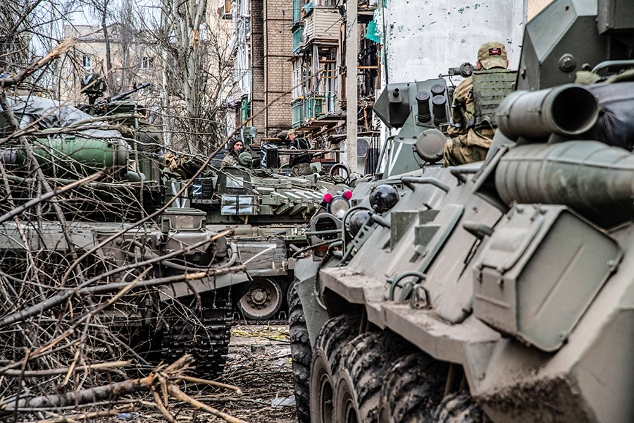 Russian/ pro-Russian armour gathers in eastern Mariupol for an assault on the Azovstal plant where fierce fighting continues. The battle between Russian / Pro Russian forces and the defending Ukrainian forces led by the Azov battalion continues in the port city of Mariupol. (Credit: Maximilian Clarke/SOPA Images/LightRocket via Getty Images)

