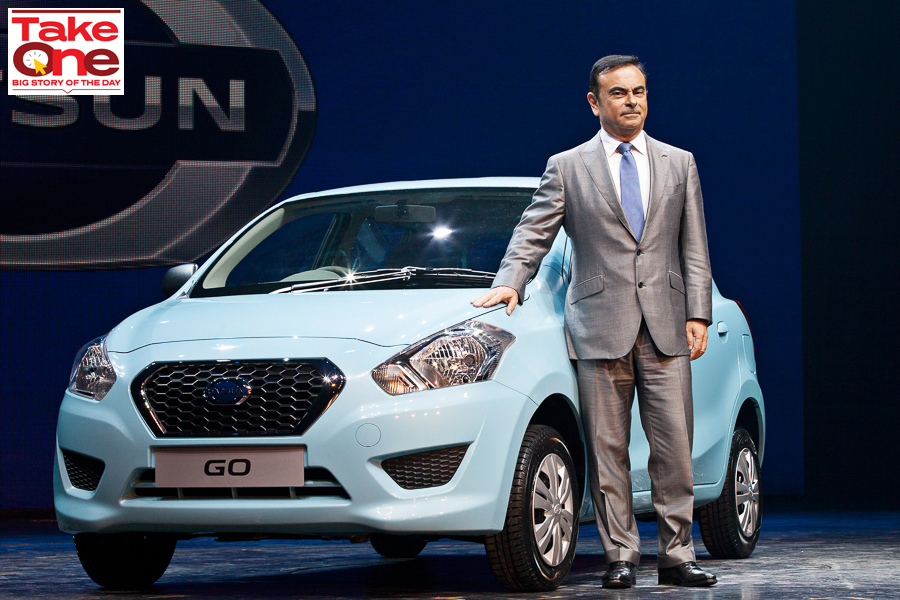 A file photo of Carlos Ghosn, CEO of Nissan Motor Co., with the company's new Datsun Go vehicle at a media event in Gurgaon, India, July 15, 2013. Nissan unveiled its first model under the revived Datsun brand, a five-door hatchback, targeted at weaning budget buyers from Maruti Suzuki India Ltd. and Hyundai Motor Co. in Asia’s third-biggest car market.
Image: Prashanth Vishwanathan/Bloomberg via Getty Images