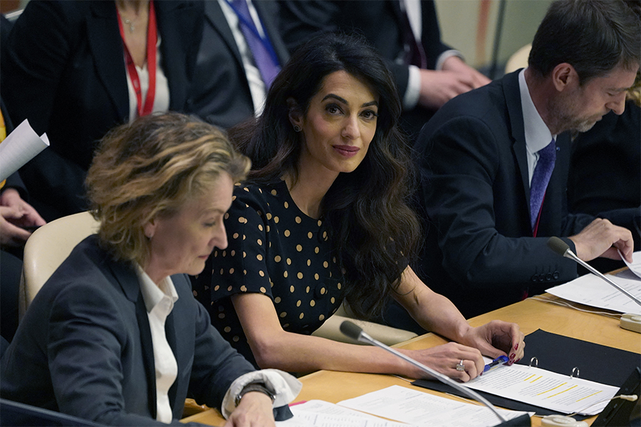 Amal Clooney of the Clooney Foundation for Justice attends the United Nations 'Arria-formula' meeting, an informal gathering of Security Council members, on April 27, 2022, in New york to discuss how the UN can support and coordinate accountability efforts for serious crimes in Ukraine.
Image: Timothy A. Clary / AFP