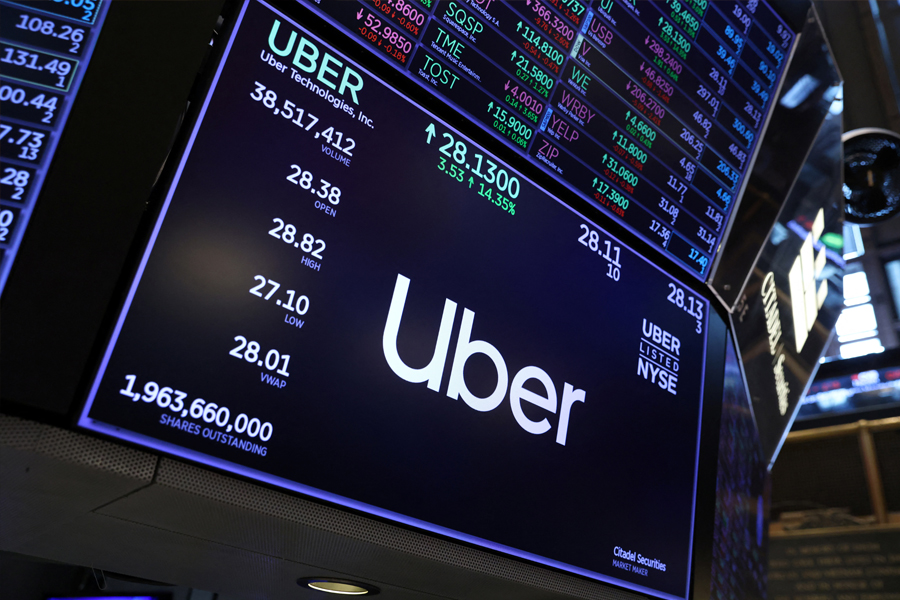 The Uber logo is seen on the trading floor at the New York Stock Exchange (NYSE) in Manhattan, New York City. Image: Andrew Kelly/ Reuters

