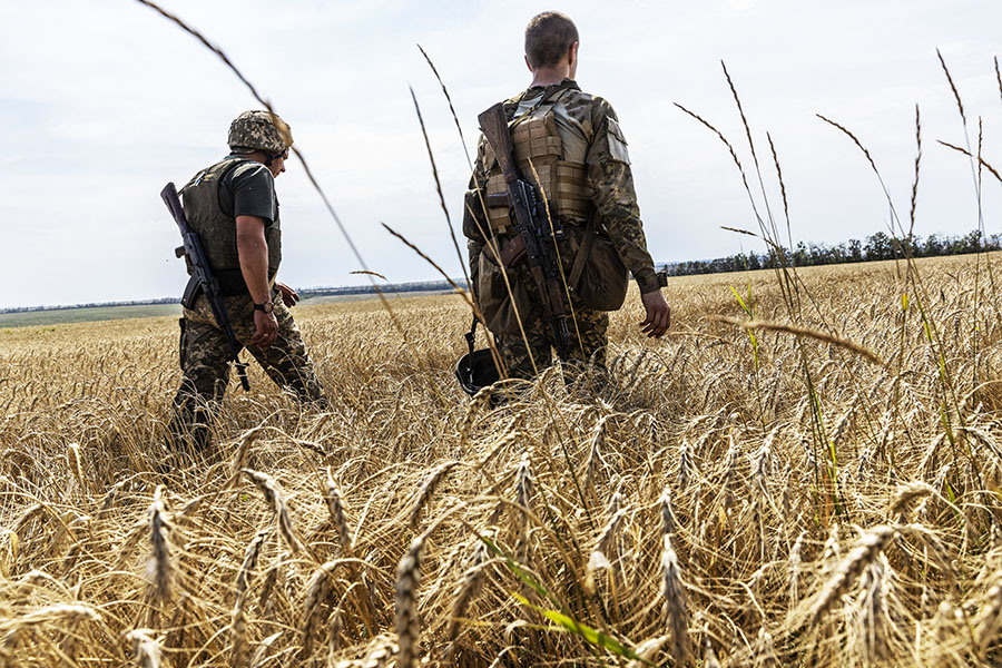 Soldiers from the 93rd Brigade of the Ukrainian Army on patrol in an unharvested wheat field near Barvinkove on Aug. 1, 2022. Ukrainian farmers face many of the same grave dangers as soldiers. (David Guttenfelder/The New York Times)