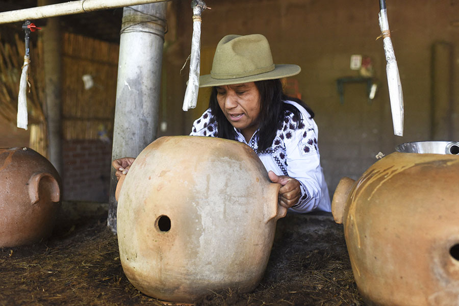 
Sosima Olivera, who is member of a collective that runs the mezcal factory Tres Colibries (Three Hummingbirds), moves a clay pot used for distillation at the factory in Villa Sola de Vega, Oaxaca State, Mexico.
Image: Pedro Pardo / AFP 
