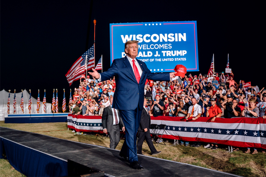 Former President Donald Trump arrives before speaking at a rally in Waukesha, Wisconsin on Aug. 2, 2022. Trump has been considering an unusually early announcement for his expected third presidential campaign. (Jamie Kelter Davis/The New York Times)