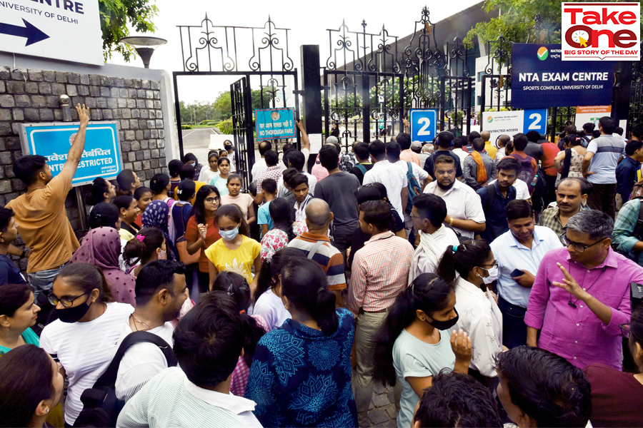 Students after appearing for the Common University Entrance Test-Undergraduate (CUET UG 2022), in the first slot, at North Campus, on July 15, 2022 in New Delhi, India.  With 14.9 lakh registrations, the CUET,  is now the second biggest entrance exam in the country, surpassing JEEMain's 
Image: Sonu Mehta/Hindustan Times via Getty Images 