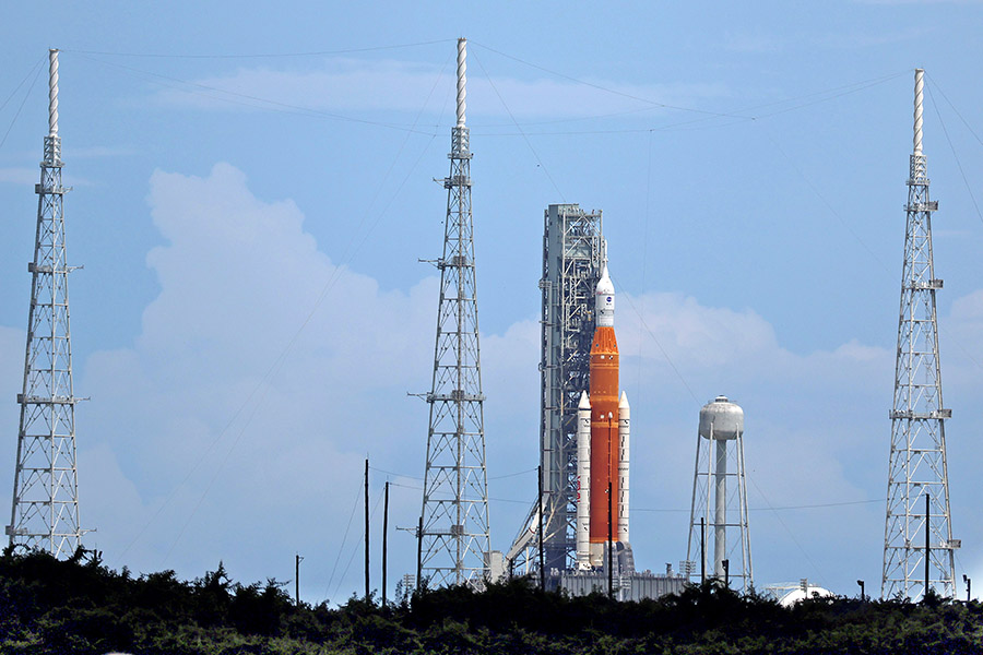 The Artemis I rocket sits on launch pad 39-B at Kennedy Space Center as it is prepared for launch of an unmanned flight around the moon on August 28, 2022 in Cape Canaveral, Florida. The launch is scheduled for Monday between 8:33am and 10:33am and would be the furthest into space any unmanned vehicle intended for humans has ever traveled before. Image: Joe Raedle/Getty Images