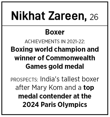 Nikhat Zareen, Boxer
Image: Selvaprakash Lakshmanan For Forbes India; Styling: Bornalii Caldeira; Makeup & Hair: Manjunatha.N; Outfit: Swatee Singh Label