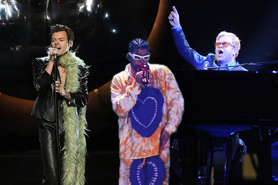 Photographs from live performances of Bad Bunny, Elton John, and Harry Styles. 