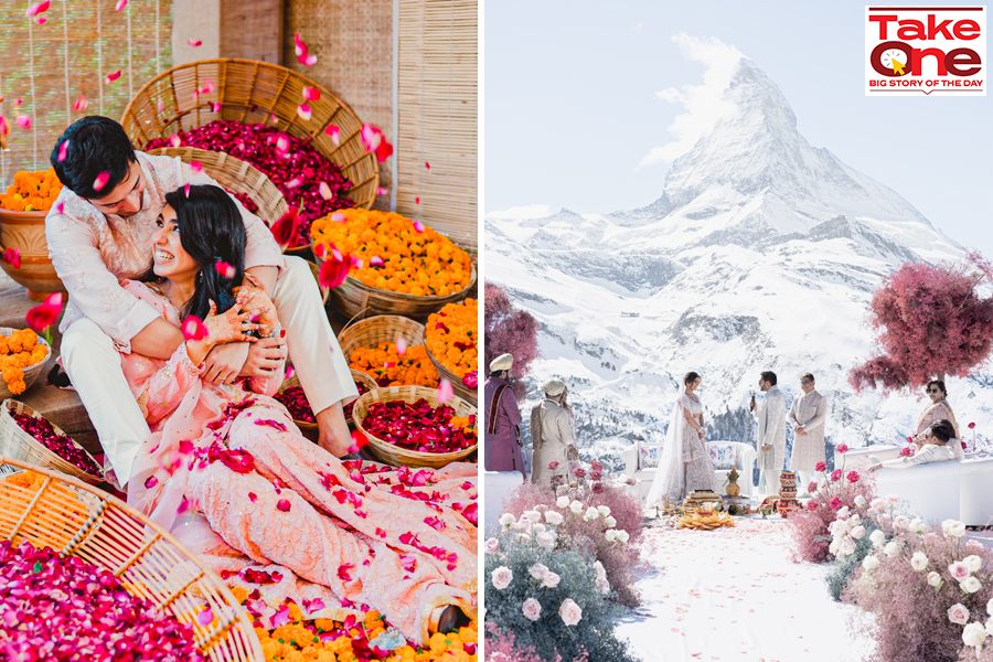 (left) Wedding design company The A-Cube Project recreated the chaotic vibe of a phool mandi for a wedding that took place in Umaid Bhawan Palace, Jodhpur. Image Credit: The A-Cube Project
(Right) Sonam Babani aka Fashioneiress weds entrepreneur Neil Sanghvi  2,222 meters above sea level overlooking the snow-capped mountain Matterhorn in Zermatt, Switzerland. Image Credit: David Bastiononi