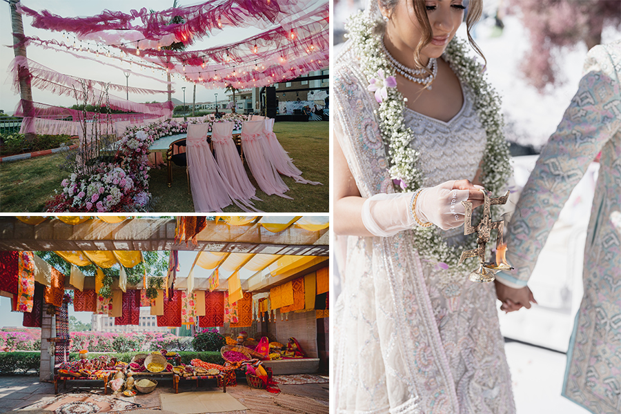 (Left) Couples are willing to experiment with décor for wedding ceremonies to create a sensory experience. Image Credit: The A-Cube Project<br>(Right) Sonam Babani wore custom gloves with a name and date of the wedding embroidered. Image Credit: David BastiononiImage