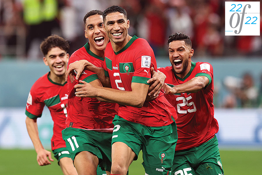 Morocco’s Achraf Hakimi exults after scoring the winning penalty against Spain at the Fifa World Cup. He became an overnight hero as the Arab country won against its formidable rivals; Image: Ian Macnicol/Getty Images