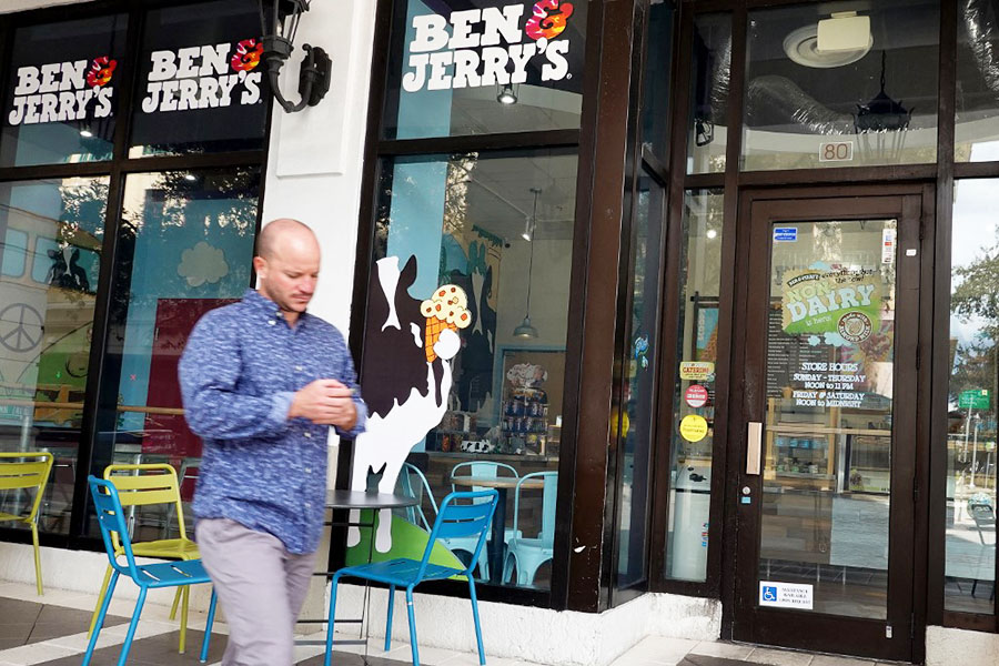 A person walks past a Ben & Jerry's ice cream store on September 23, 2021 in Miami, Florida. In July last year, Vermont-based Ben & Jerry's announced it would no longer sell its ice cream in the Israeli-occupied Palestinian territories, which the Jewish state seized in 1967, saying it was 