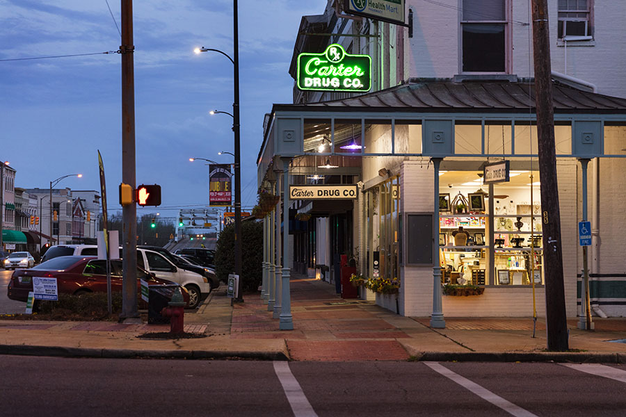 A file photo of a downtown drugstore in the evening in Alabama, United States. 

