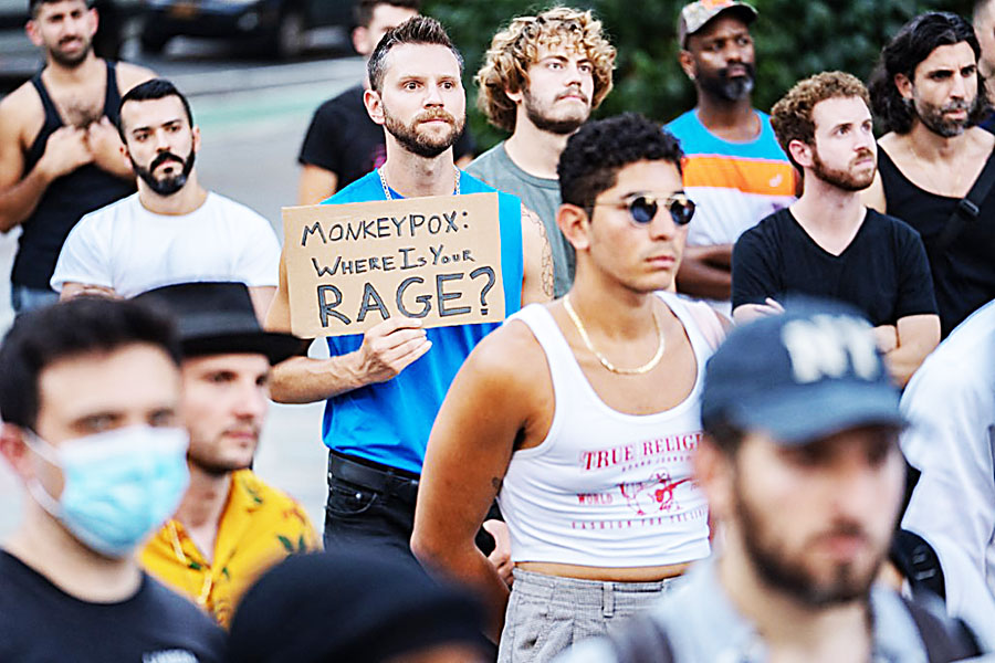 People protest during a rally calling for more government action to combat the spread of monkeypox at Foley Square on July 21, 2022 in New York City. At least 267 New Yorkers have tested positive for monkeypox, a virus similar to smallpox, but with milder symptoms. Image: Jeenah Moon/Getty Images/AFP 


