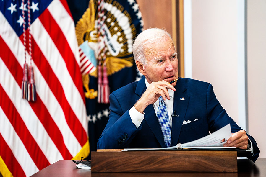 WASHINGTON, DC July 28, 2022: US President Joe Biden during a meeting with CEOs to receive an update on economic conditions across key sectors and industries in the South Court Auditorium of the Executive Office Building on July 28, 2022. Image: Demetrius Freeman/The Washington Post via Getty Images