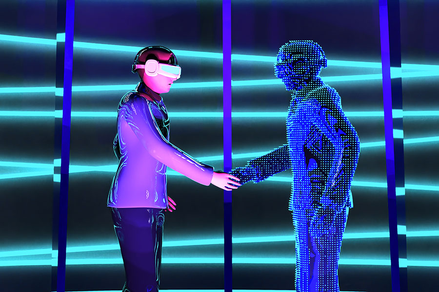 Representational image of a human meeting their digital avatar. The article explores the opportunities technology presents on the fulfilment side of supply-chain processes or the Industrial Metaverse.