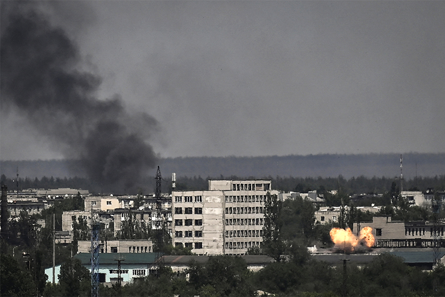 An explosion in the city of Severodonetsk during heavy fightings between Ukrainian and Russian troops.