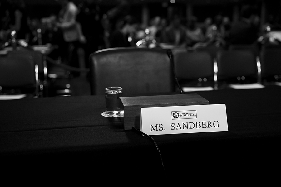 A name card for Sheryl Sandberg, then the chief operating officer of Facebook, before she testified at a Senate hearing in Washington, Sept. 4, 2018. When Sandberg, 52, said that she would step down from Meta, she crystallized an unspoken change at the tech giant: Mark Zuckerberg no longer has any clear No. 2. (Eric Thayer/The New York Times)