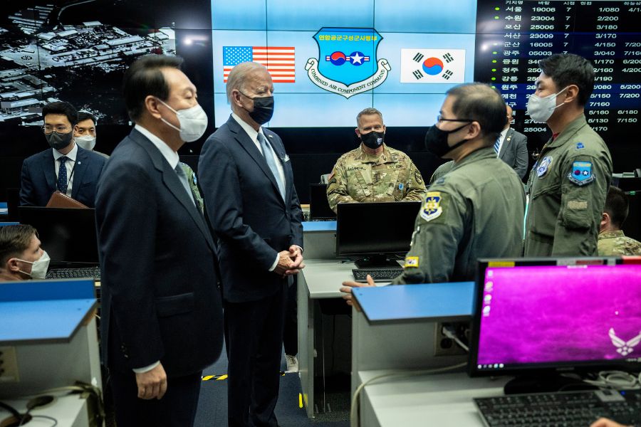 President Joe Biden and South Korean President Yoon Suk Yeol visit the Osan Air Base in Pyeongtaek, South Korea, on Sunday, May 22, 2022. After generations of stability in nuclear arms control, a warning to Russia from Biden shows how old norms are eroding. Image: Doug Mills/The New York Times