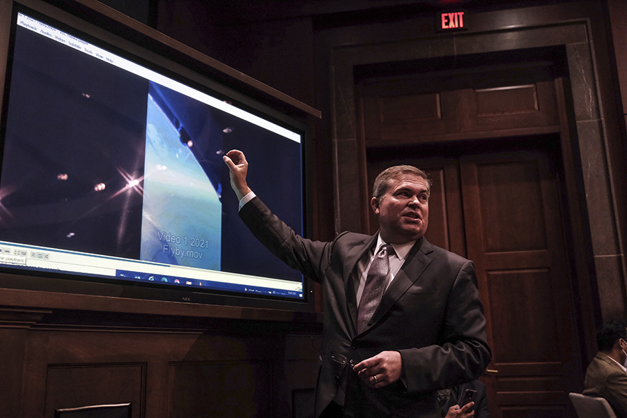 Scott Bray, the deputy director of naval intelligence, appears at a House intelligence subcommittee hearing on unidentified aerial phenomena in Washington on Tuesday, May 17, 2022. NASA is financing a study, independent from the Pentagon’s, that will scientifically examine these unexplained sightings. (Michael A. McCoy/The New York Times)