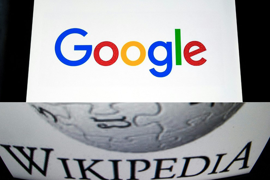 This combination of pictures created on June 22, 2022 shows (top) an illustration picture showing the US multinational technology and Internet-related services company Google logo displayed on a tablet in Paris on February 18, 2019, and (bottom) the "Wikipedia" logo is seen on a tablet screen on December 4, 2012 in Paris. -