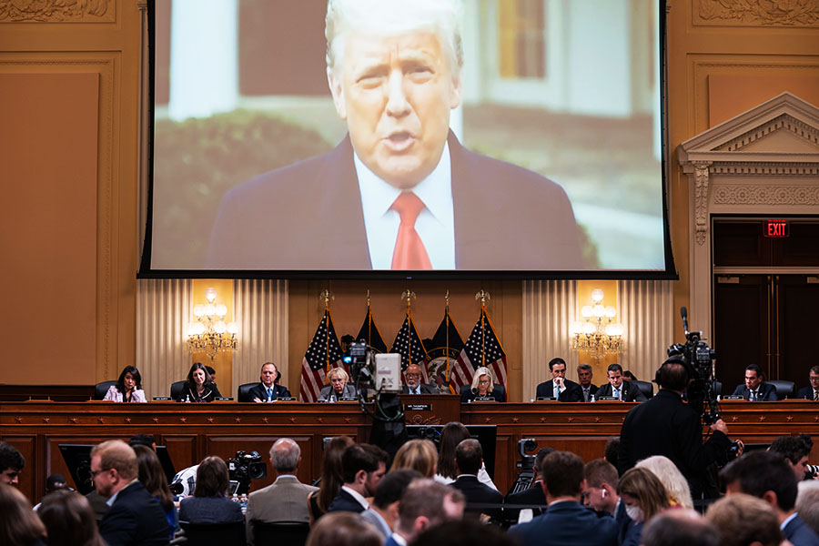 A video released by former President Donald Trump on Jan. 6 is played during testimony by Cassidy Hutchinson, who worked for former President Trump’s chief of staff, before the House committee investigating the Jan. 6 attack on the Capitol, on Capitol Hill in Washington, June 28, 2022. In the final, frenzied days of his administration, Trump’s behavior turned increasingly volatile as he smashed dishware and lunged at his own Secret Service agent, according to testimony. (Haiyun Jiang/The New York Times)