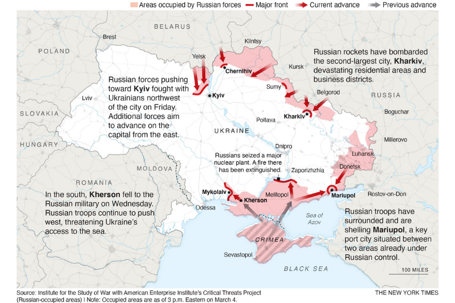 A look at areas under Russian control, and major battlefronts, during Russia's invasion of Ukraine as of the night of March 4. 