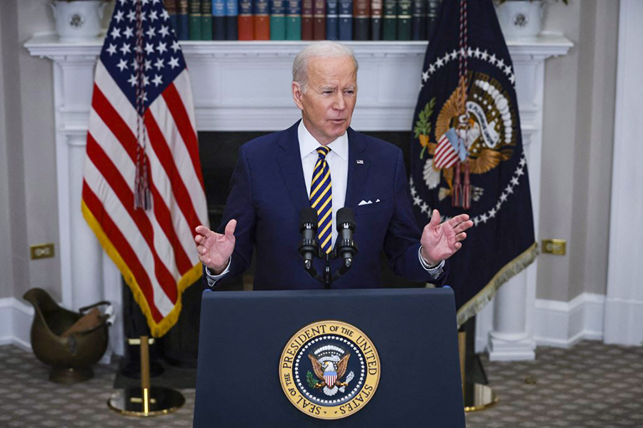 President Joe Biden speaks in the Roosevelt Room of the White House March 8, 2022 in Washington, DC. During his remarks, Biden announced a full ban on imports of Russian oil and energy products as an additional step in holding Russia accountable for its invasion of Ukraine. (Credit: WIN MCNAMEE / GETTY IMAGES NORTH AMERICA / Getty Images via AFP)​