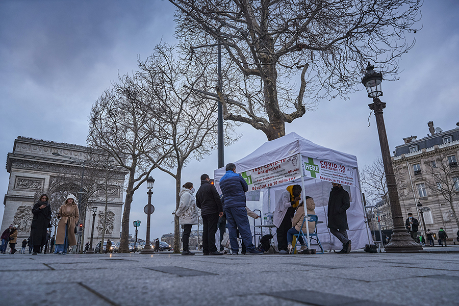 Tourists and Parisians are tested at a Covid-19 testing site on the Champs Elysees in Paris, as France recorded over half a million Covid-19 cases in single day of the last week of January 2022, fuelled by the Omicron variant, in Paris, France.
Image: Kiran Ridley/Getty Images