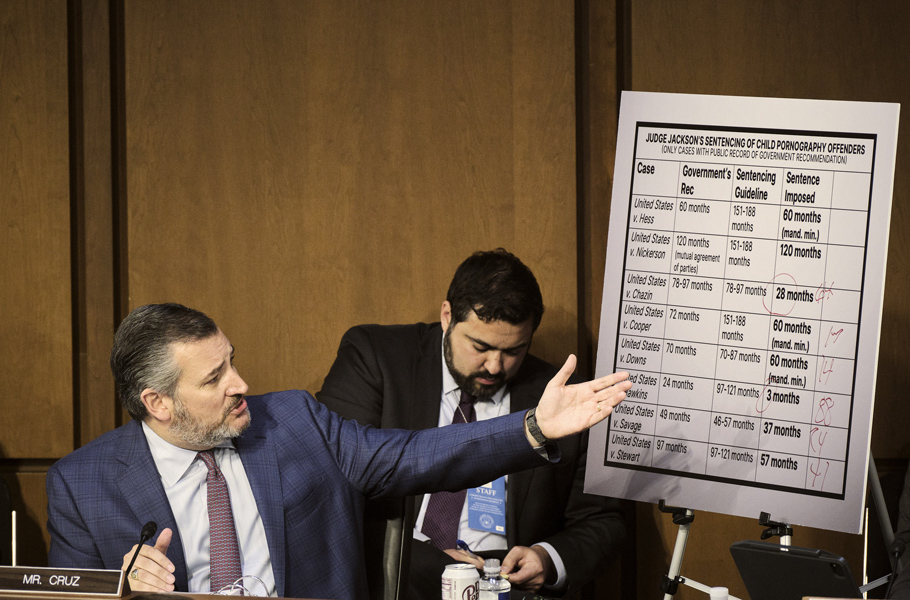 Sen. Ted Cruz (R-Texas) points to a visual aid about the sentencing record of Judge Ketanji Brown Jackson, President Joe Biden’s nominee to the U.S. Supreme Court, during the Senate confirmation hearing for her on Capitol Hill in Washington, March 23, 2022. Democrats argue that Republicans grossly distorted her record in a handful of cases. (T.J. Kirkpatrick/The New York Times)