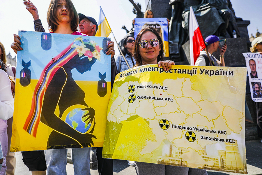 Ukrainian citizens and supporters attend a demonstration of solidarity with Ukraine at the Main Square, demanding NATO to close the sky for Russian planes over the territory of Ukraine following Russian invasion. Krakow, Poland on May 2nd, 2022. (Photo by Beata Zawrzel/NurPhoto via Getty Images)