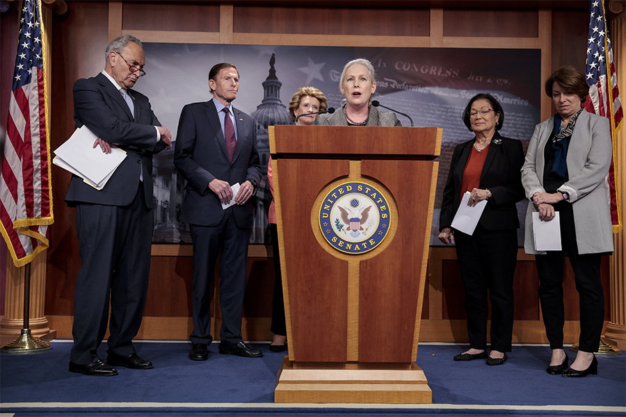 Sen. Kirsten Gillibrand (D-NY) speaks at a news conference on the U.S. Senate’s upcoming procedural vote to codify Roe v. Wade at the U.S. Capitol Building on May 05, 2022 in Washington, DC. In attendance were (L-R) U.S. Senate Majority Leader Chuck Schumer (D-NY), Sen. Richard Blumenthal (D-CT) Sen. Debbie Stabenow (D-MI) Sen. Mazie Hirono (D-HI) and Sen. Amy Klobuchar (D-MN). (Credits: Anna Moneymaker/Getty Images/AFP)