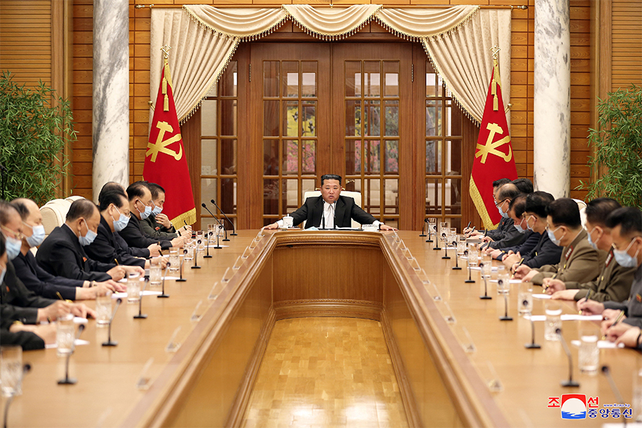 North Korean leader Kim Jong Un chairs a Worker's Party meeting on COVID-19 outbreak response in this undated photo released by North Korea's Korean Central News Agency (KCNA) on May 12, 2022. (Credits: Korean Central News Agency​ via Reuters)