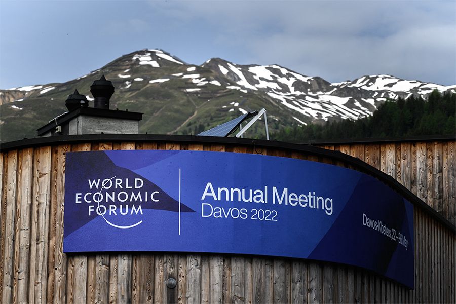 A picture shows an event banner on the congress centre ahead of the World Economic Forum (WEF) annual meeting in Davos on May 22, 2022. (Credits: Fabrice COFFRINI / AFP)

