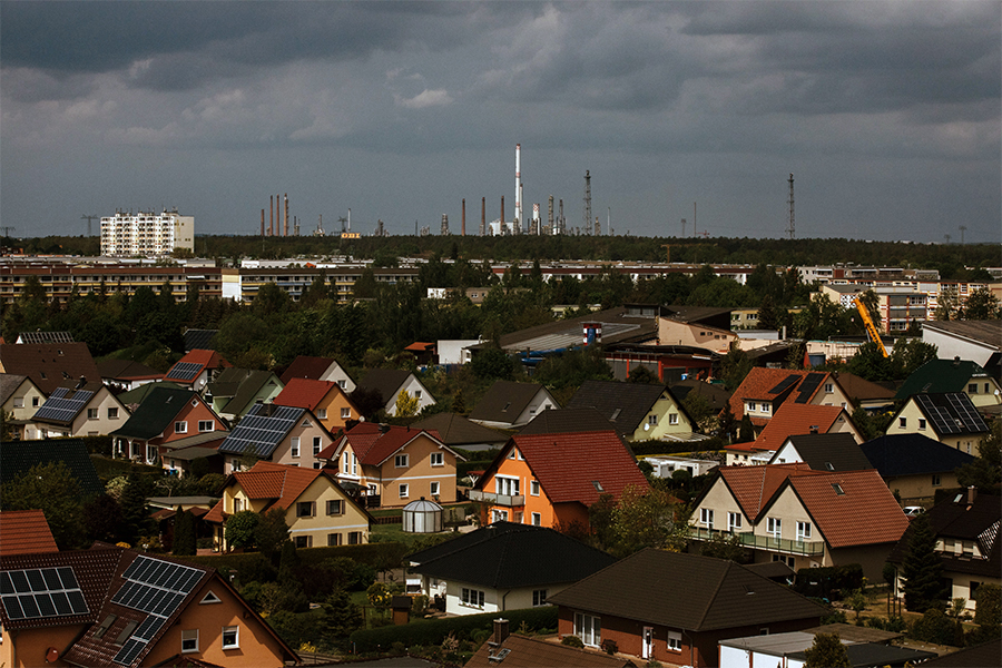 The oil refinery in Schwedt, Germany, on May 13, 2022. Roughly a tenth of the city’s 30,000 inhabitants hold secure union jobs at the refinery and its supporting industries. (Katrin Streicher/The New York Times)