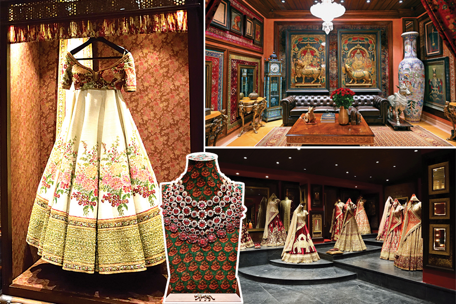 (Clockwise from top left): Lehenga on display at the designer’s Delhi flagship store; the jewellery salon at Mukherjee’s first jewellery store in Mumbai; the Delhi store’s two wings house bespoke bridal wear for women and men; a spinel and diamond necklace (left) from his jewellery line Image: Rubina A. Khan / Getty Images