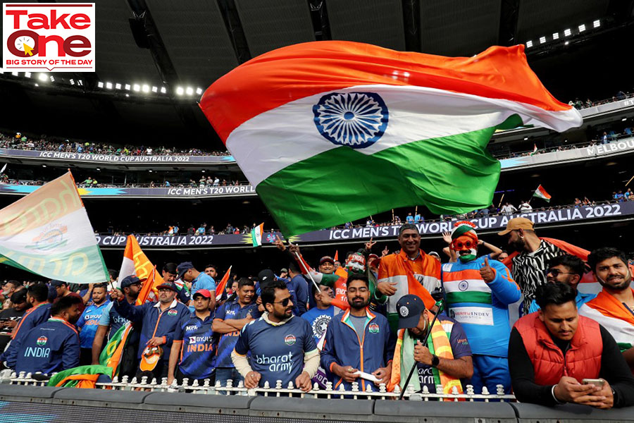 Indian fans cheer during the ICC men's Twenty20 World Cup 2022 match between India and Pakistan at Melbourne Cricket Ground in Melbourne on October 23, 2022.
Photo:
Surjeet Yadav / AFP