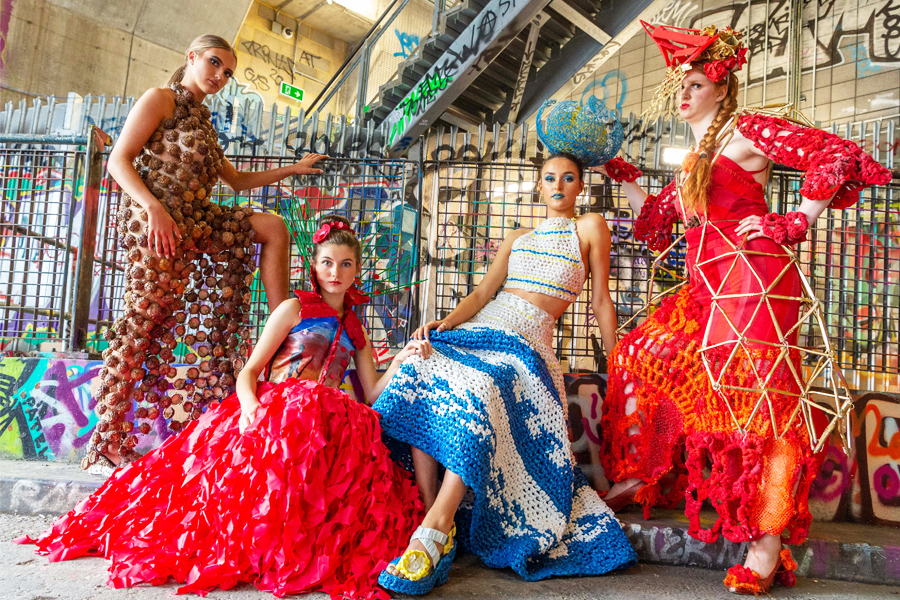 (File)  Designers wear their couture creations made exclusively from discarded rubbish to launch Junk Kouture in the in London, England. Image: Antony Jones/Getty Images for Junk Kouture