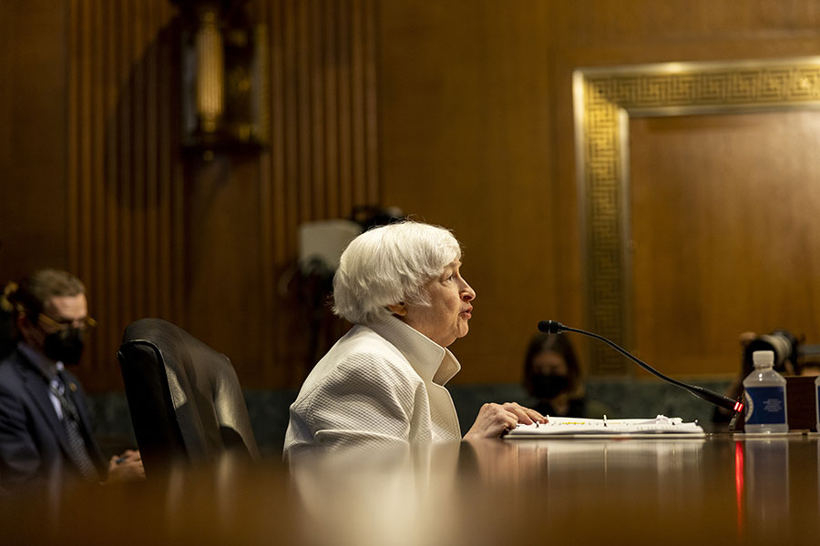 Janet Yellen, the secretary of the U.S. Department of the Treasury, testifies before the Senate Finance Committee in Washington on June 7, 2022. A federal panel responsible for monitoring financial system risks sounded a warning on Monday, Oct. 3, about cryptocurrency markets, saying that the widespread adoption of digital assets poses risks if the market continues to grow without better oversight and enforcement. (Jason Andrew/The New York Times)