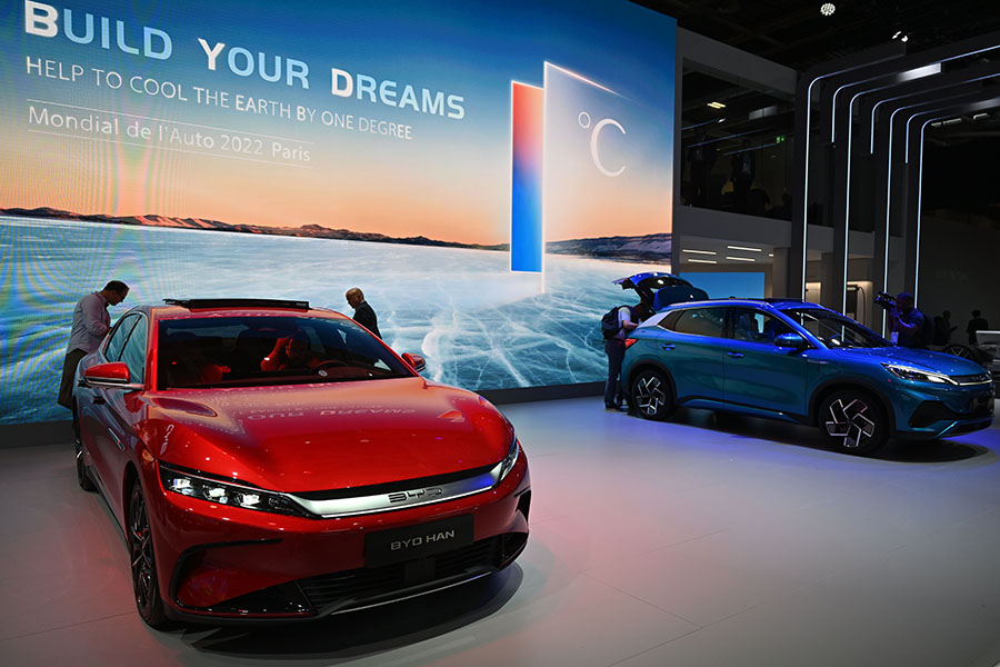 Chinese automaker BYD Han on display during the Mondial de l'Automobile (Paris Motor Show) at the Porte de Versailles Exhibition Center in Paris, France on October 17, 2022. (Photo by Mustafa Yalcin/Anadolu Agency via Getty Images)