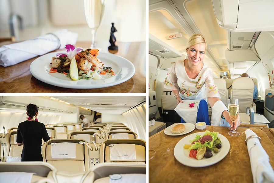 Meal service onboard an Abercrombie & Kent tour; interior of an Abercrombie & Kent private jet Interior