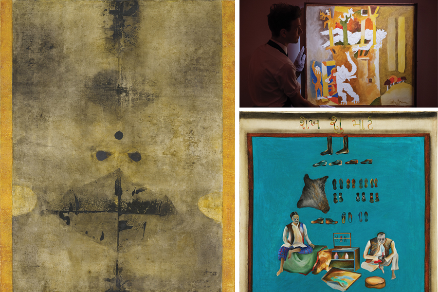(Clockwise from right) An art handler holds ‘Living Goddess’ by MF Husain, during a preview of Sotheby’s Middle East and India Art Week in London in 2018, Bhupen Khakhar, ‘Sheikh Shoe Mart’, 1977, oil on canvas; Vasudeo S Gaitonde, ‘Painting 4’, 1972, oil on canvas
Image: Courtesy Sothbey's; Art handler: Chris J Ratcliffe / Getty Images for Sothbey's