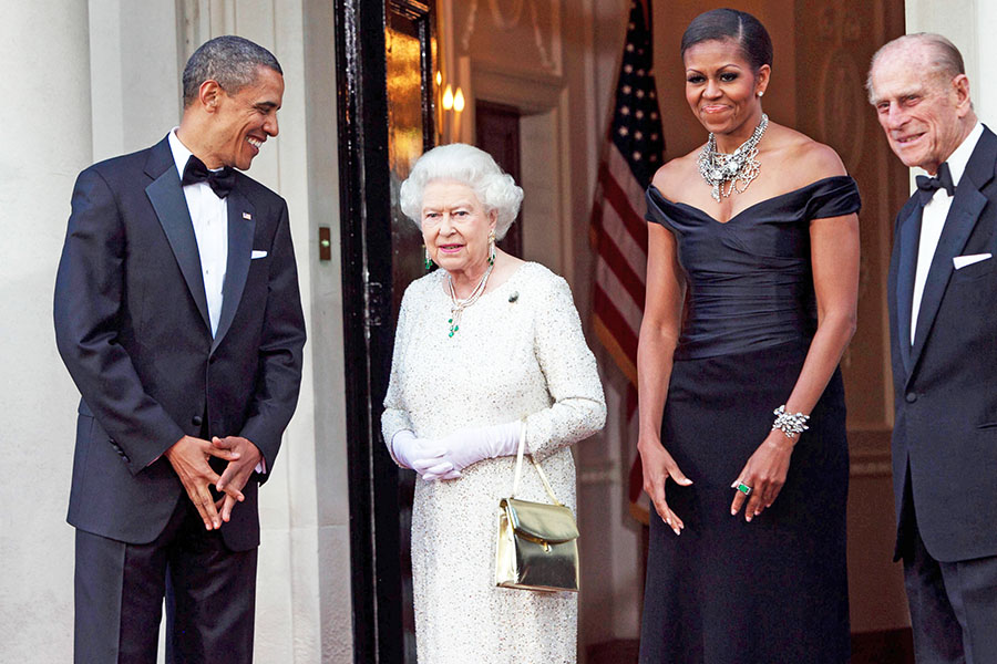 Queen Elizabeth, second from left, and Prince Philip, the Duke of Edinburgh, right, are welcomed by President Barack Obama and first lady Michelle Obama to a dinner in the queen’s honor at Winfield House in London, the residence of the ambassador from the U.S., on May 25, 2011. (Doug Mills/The New York Times)